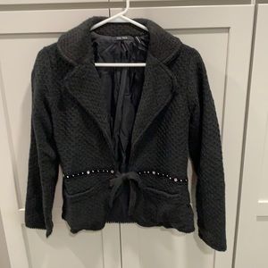 Black Textured Tie-Waist Blazer Jacket